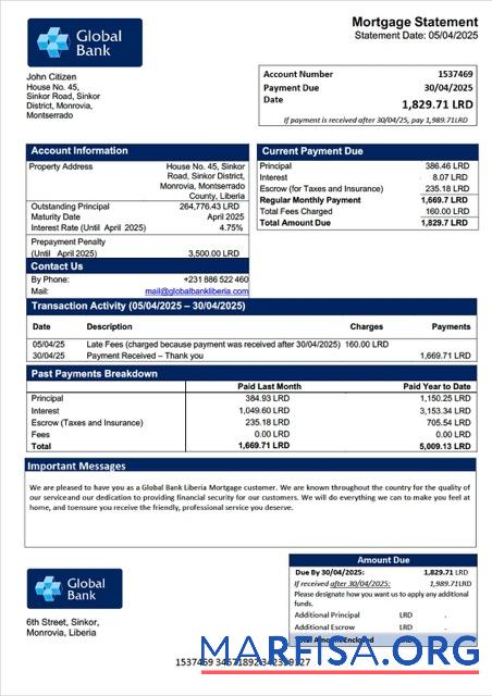 Realistic Liberia Global Bank Liberia mortgage statement Word and PDF template